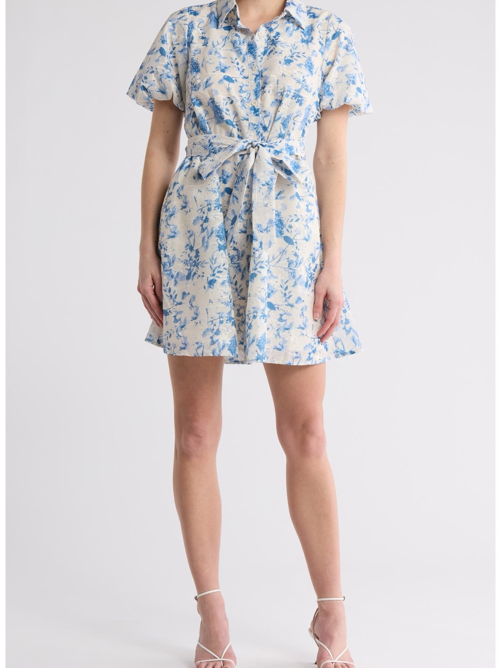 Sam Edelman Blue and Cream Floral Tie-Waist Mini Dress